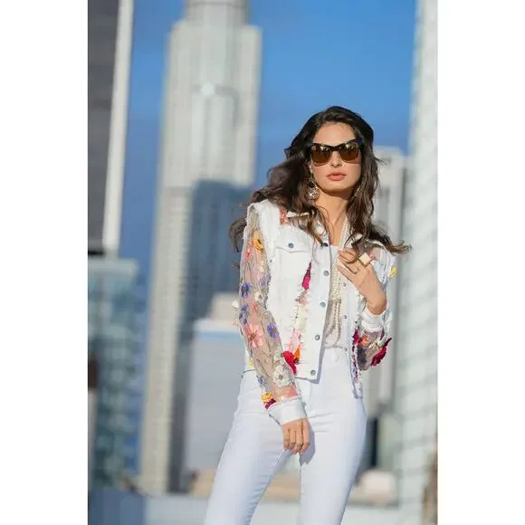 White Denim Jacket with Floral Embroidery - Picture 3 of 6